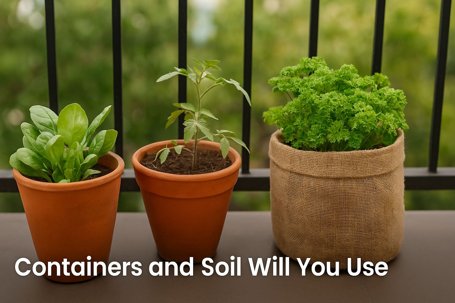 Urban Plant balcony garden showing terracotta and fabric planters with fresh soil and herbs — containers and soil tips for urban balcony gardening